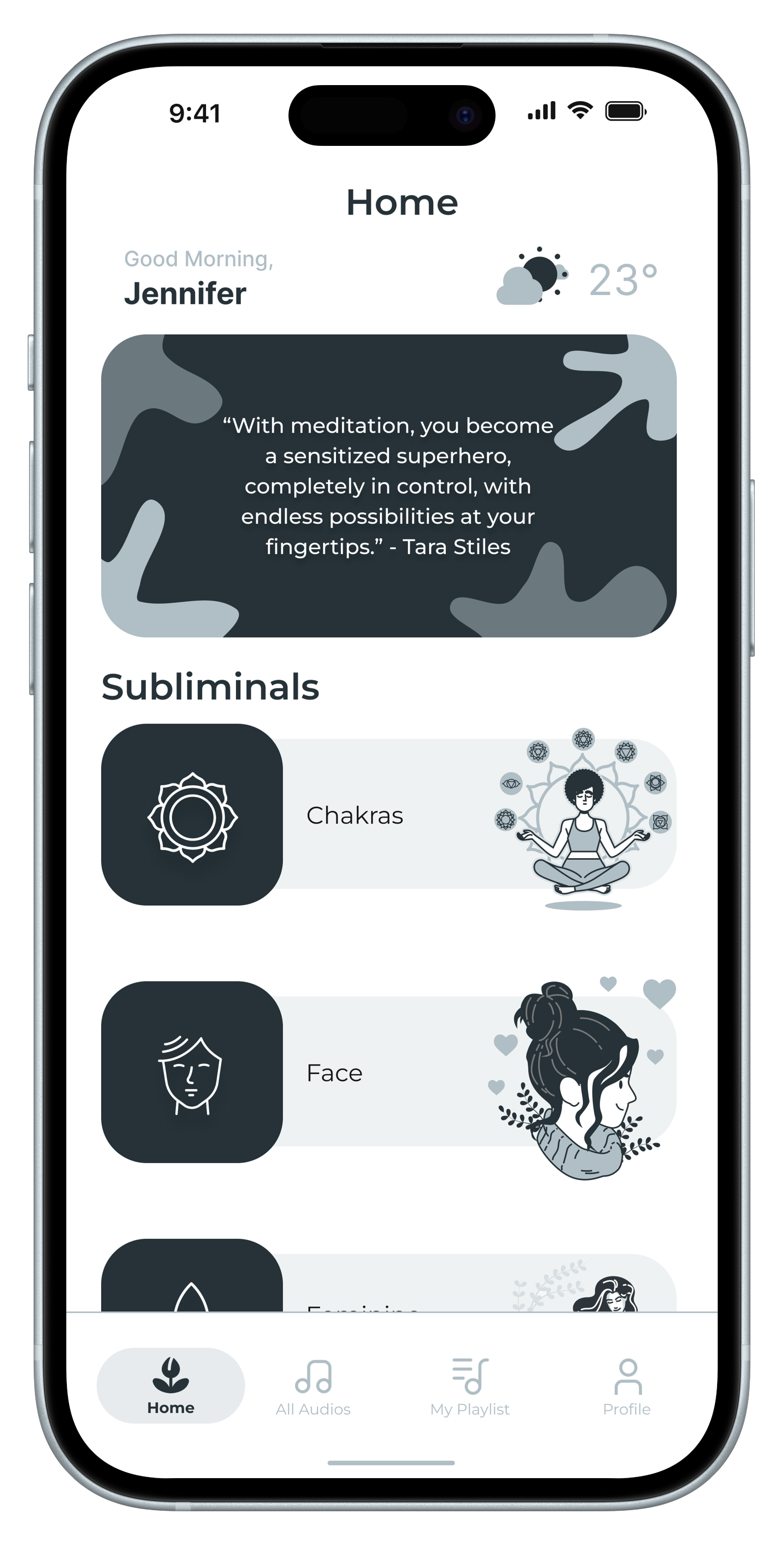 App screenshot showing meditation player